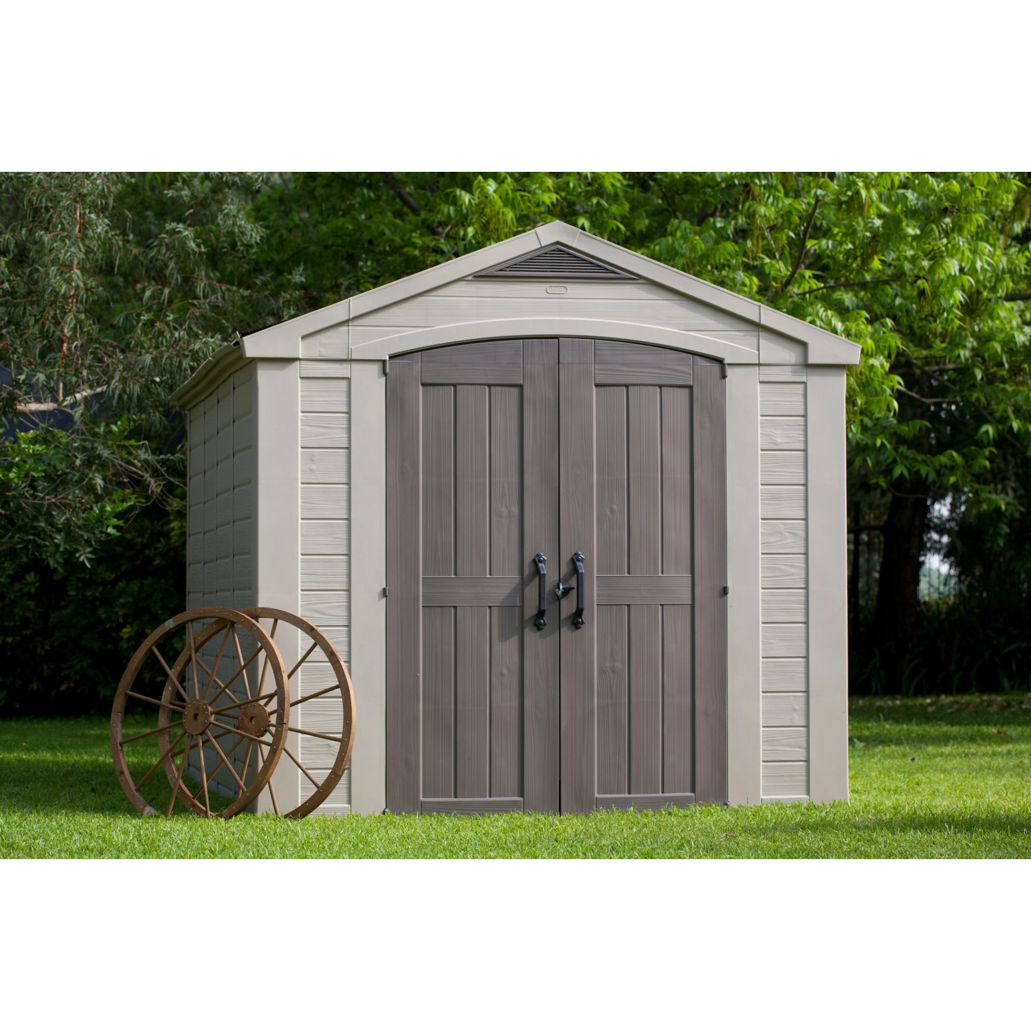 Casetta da giardino in plastica Keter 8,1 m² marrone-beige con doppia porta e tetto a due falde. Ideale per riporre gli oggetti in giardino.