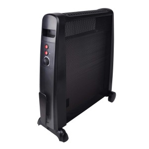 Radiatore elettrico t.b.t. nero, mobile, con pannello di controllo e ruote.