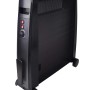 Radiatore elettrico t.b.t. nero, mobile, con pannello di controllo e ruote.