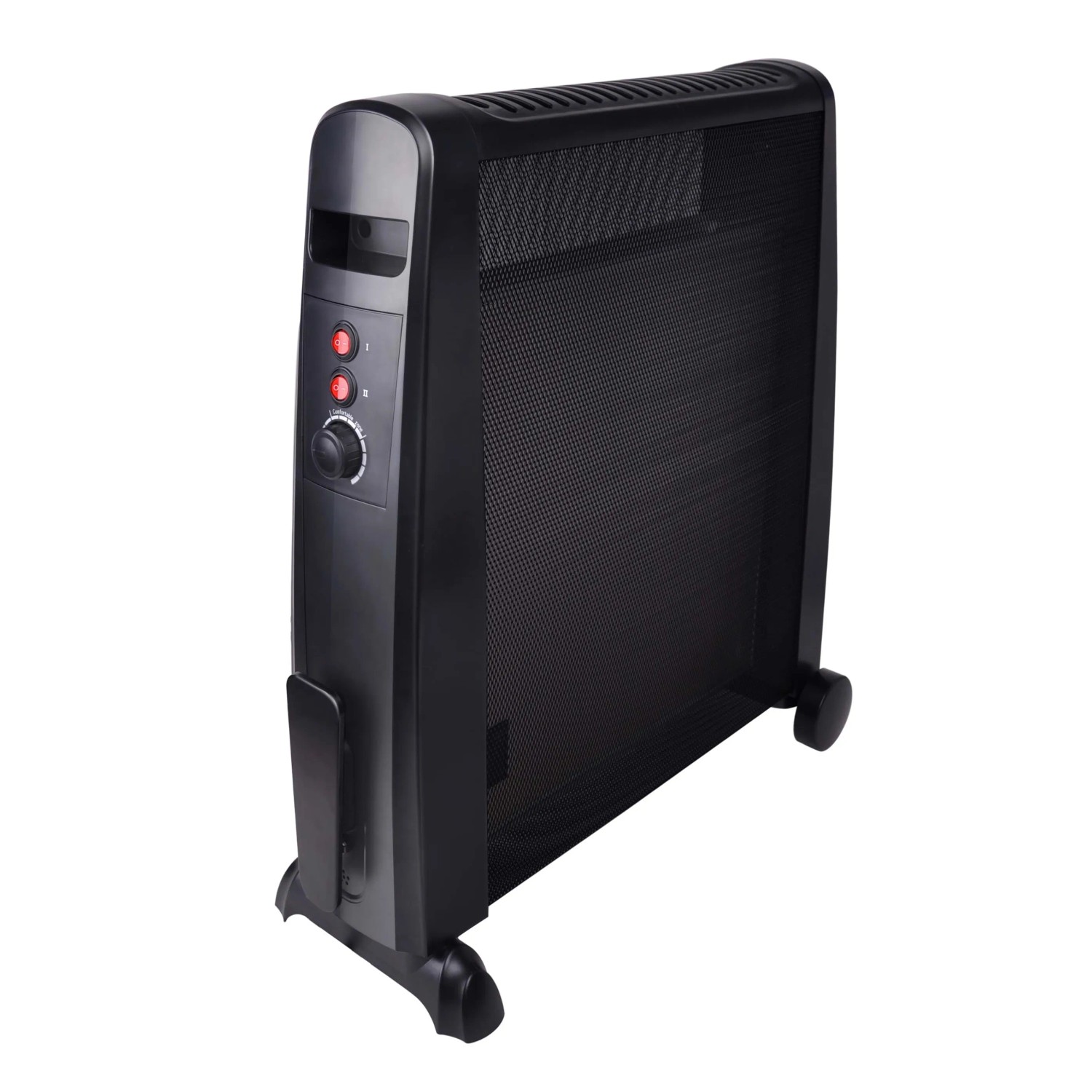 Radiatore elettrico t.b.t. nero, mobile, con pannello di controllo e ruote.
