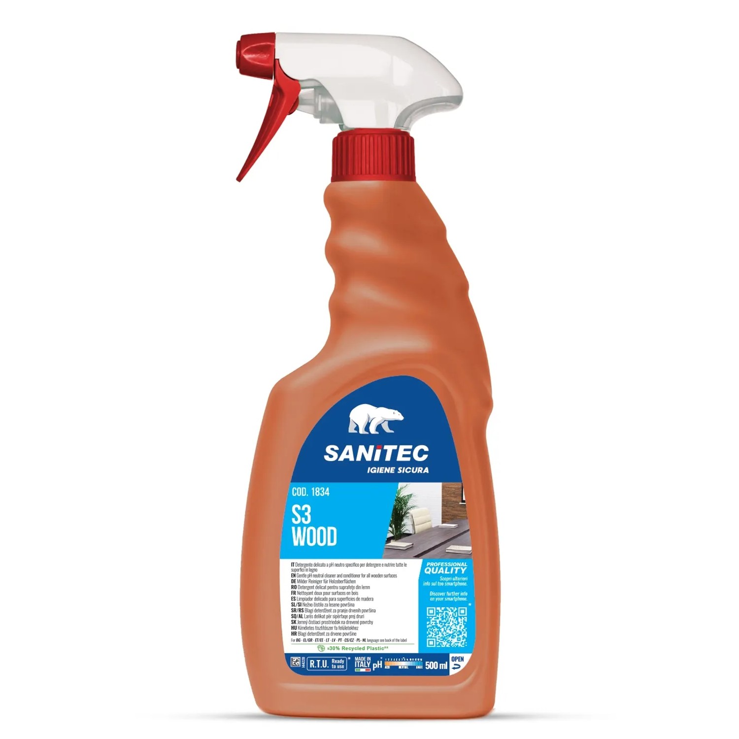 Sanitec S3 Wood detergente, flacone spray per superfici in legno. Prodotto per la pulizia della casa.