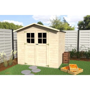 Casetta da giardino in legno con doppia porta e finestre, finitura naturale.