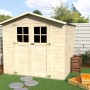 Casetta da giardino in legno con doppia porta e finestre, finitura naturale.
