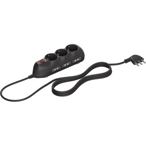 Multipresa nera t.b.t. con tre prese e interruttore rosso.