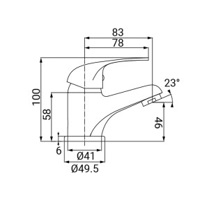 Disegno tecnico di un rubinetto per lavabo t.b.t. con dimensioni.