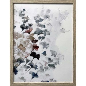 Quadro Quadri con motivo floreale ad acquerello nei toni del grigio, blu e marrone in cornice di legno.