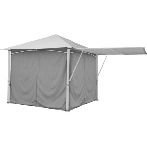 Gazebo grigio con tende e parasole estensibile come accessorio per gazebo.