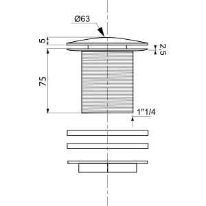 Disegno tecnico di un sifone doccia con dimensioni.