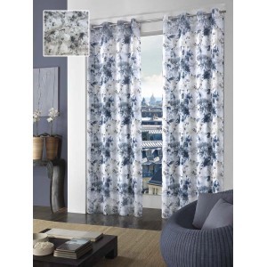 Tenda in tessuto decorativa con motivo floreale blu-grigio per decorazione finestre.