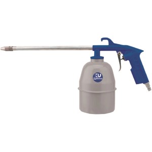 Pistola a spruzzo blu con contenitore per accessori compressore.