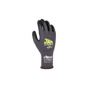 Guanto da lavoro t.b.t. grigio con rivestimento nero e logo giallo.