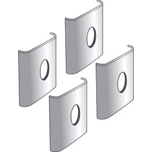 Quattro staffe per scaffali t.b.t. argentate con foro per sistemi di scaffalatura.