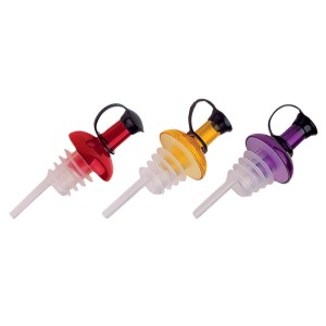 Versatori t.b.t. rossi, gialli e viola per bottiglie, accessori bar.