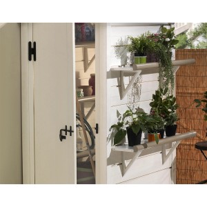 Mensola a muro Garofalo Evo beige per casette da giardino, decorata con piante.