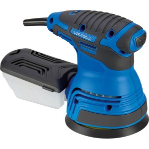 Levigatrice rotorbitale LUX E-EXS-350 blu e nera con scatola antipolvere.