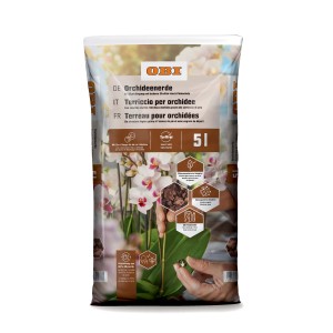 Sacco di terriccio per orchidee con motivo di orchidea e informazioni su ingredienti e utilizzo.