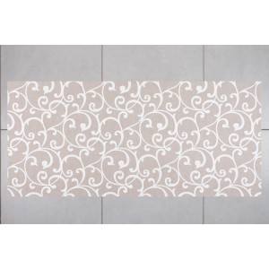 Tappeto da cucina Zerbini con fondo beige e motivo a viticci bianchi.