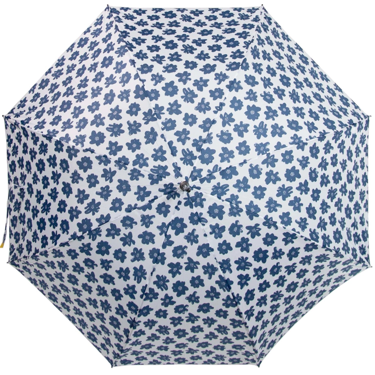 Ombrello t.b.t. con motivo floreale blu su sfondo bianco.