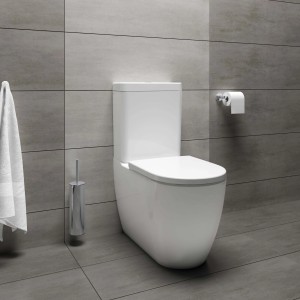 WC monoblocco t.b.t. bianco moderno con cassetta e scopino, su sfondo grigio.