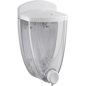 Dispenser sapone bianco e trasparente da parete.