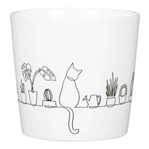 Scheurich vaso Catview, Ø 12.8cm, bianco con motivo di gatto e piante.