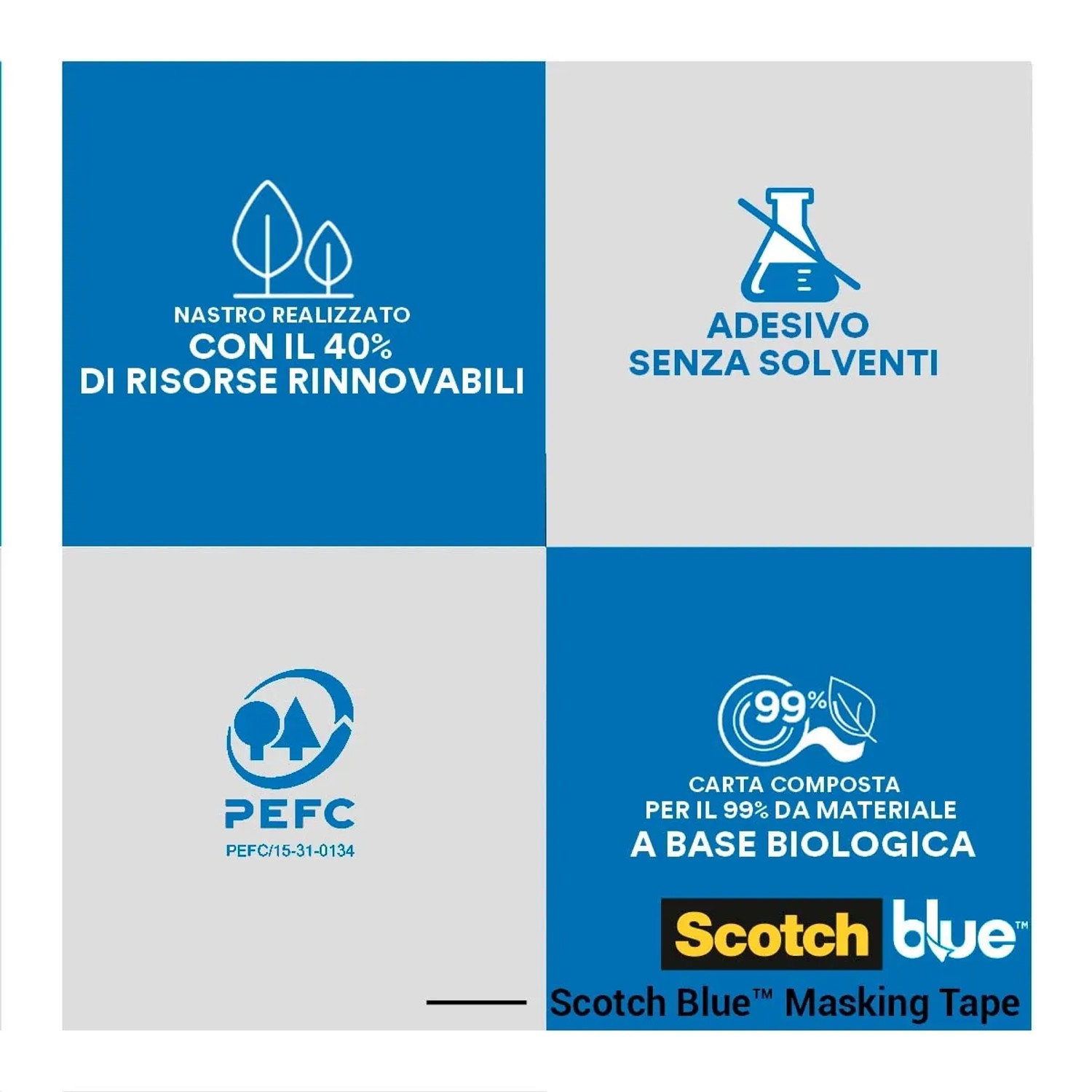 Nastro adesivo sostenibile: 40% risorse rinnovabili, senza solventi, certificato PEFC, 99% materiale biologico.