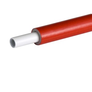 Tubo multistrato rosso (Tubi multistrato) con tubo interno bianco e isolamento.